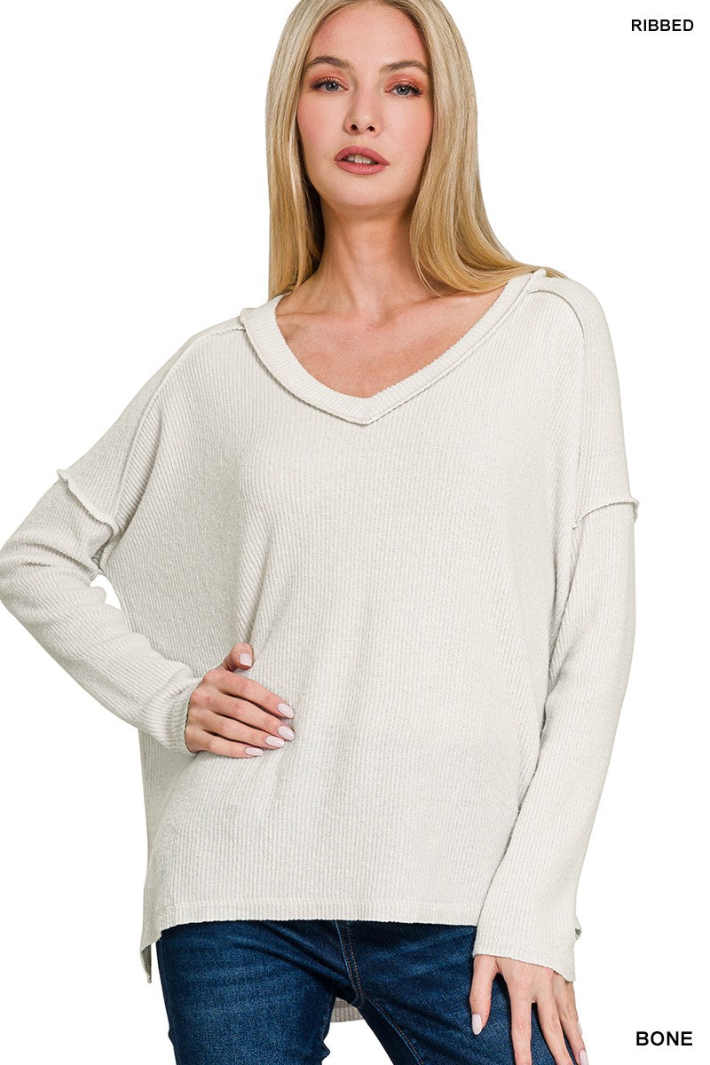 Brushed Ribbed Hacci Drop Shoulder V-neck Sweater