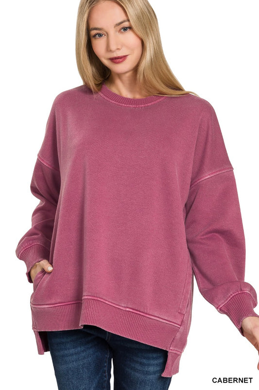 Pigment Dye Fleece Hi-low Hem Pullover With Pocket