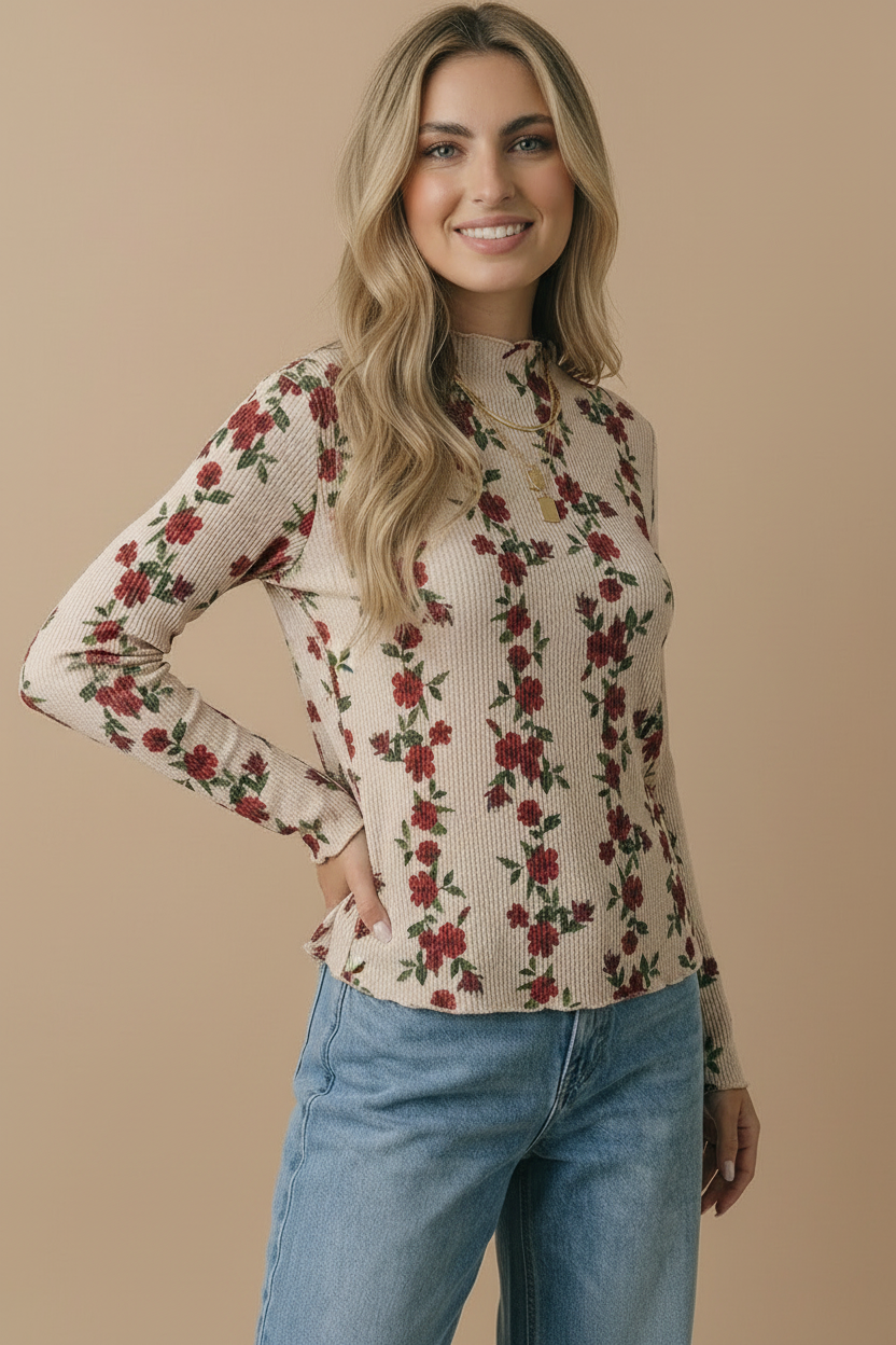 Mock Neck Floral Merrow Hem Rib Knit Top: TAUPE / M