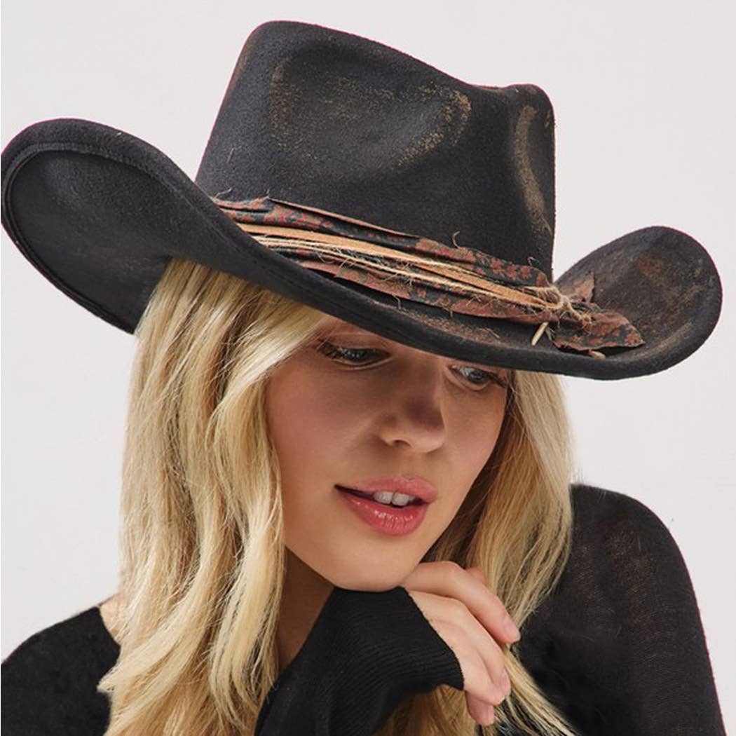 Vintage Versatile Shapeable Cowgirl & Fedora Hat With Feath: BK