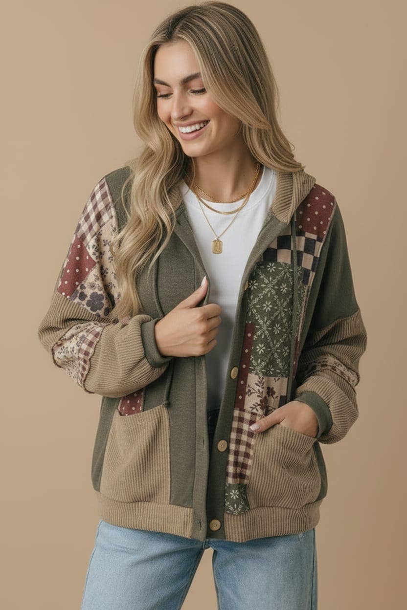 Button Down Color Block Patchwork Print Hoodie