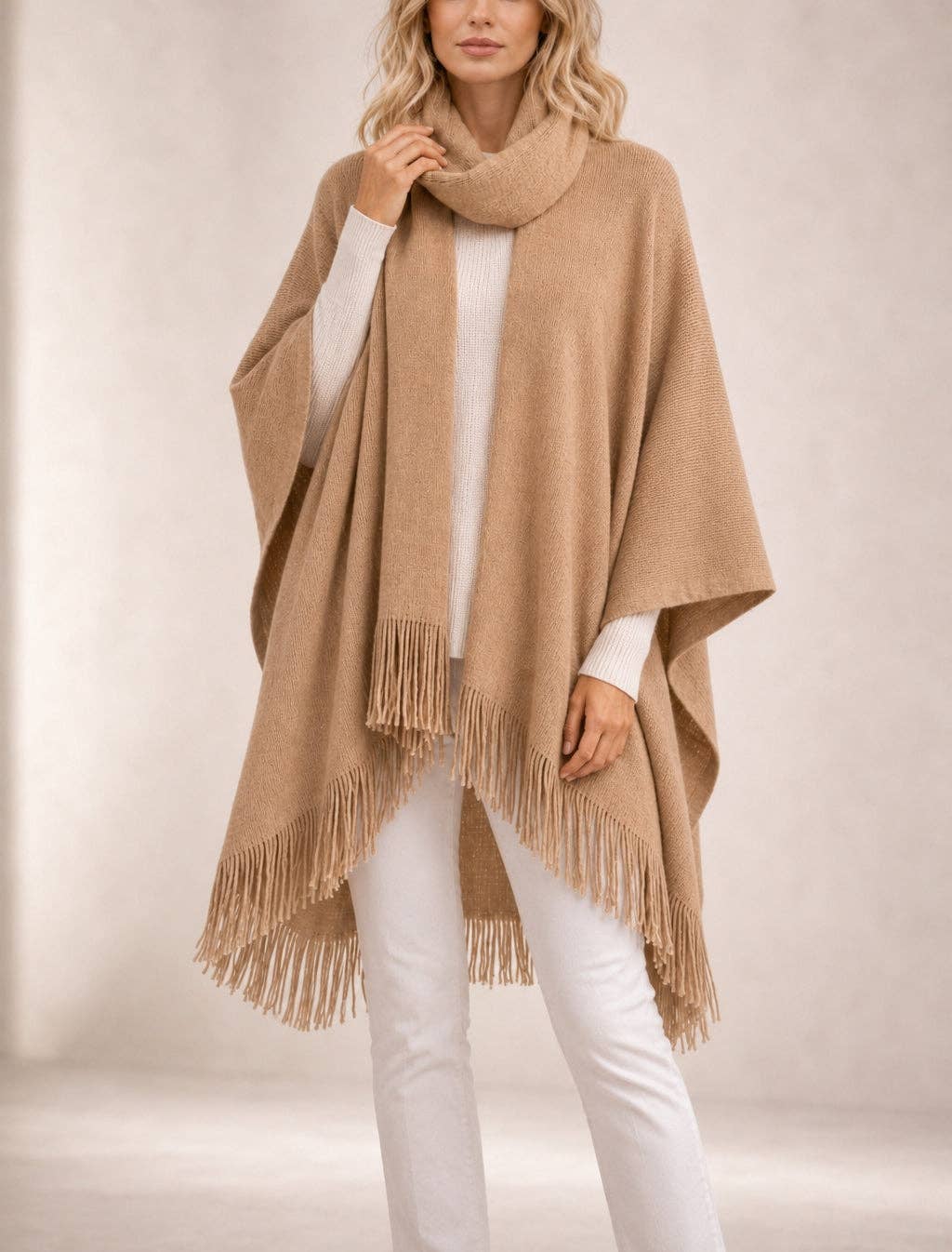 JC088001 Cozy Fringe Knit Poncho with Built-In Scarf: Burgundy