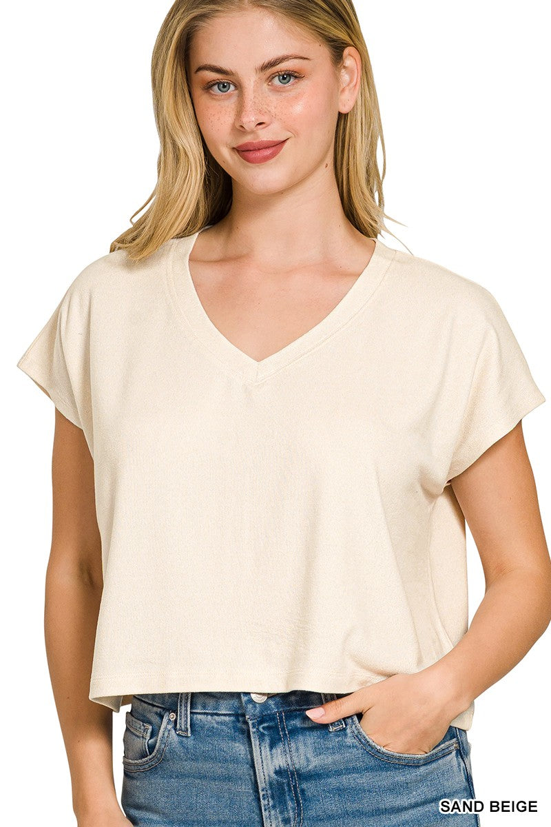 Soft Melange V-neck Drop Shoulder Cropped Top