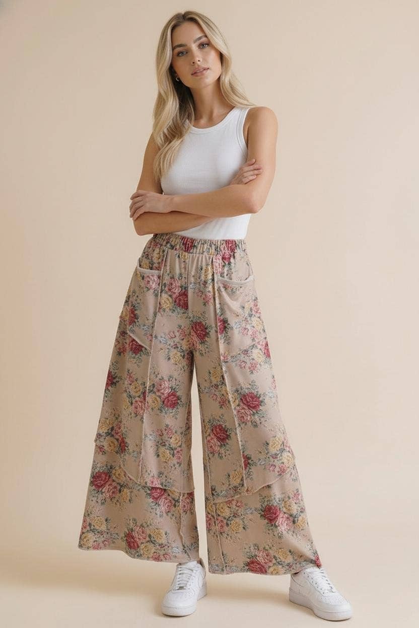 Elastic Waist Wide Leg Vintage Floral Pant: Oatmeal / L