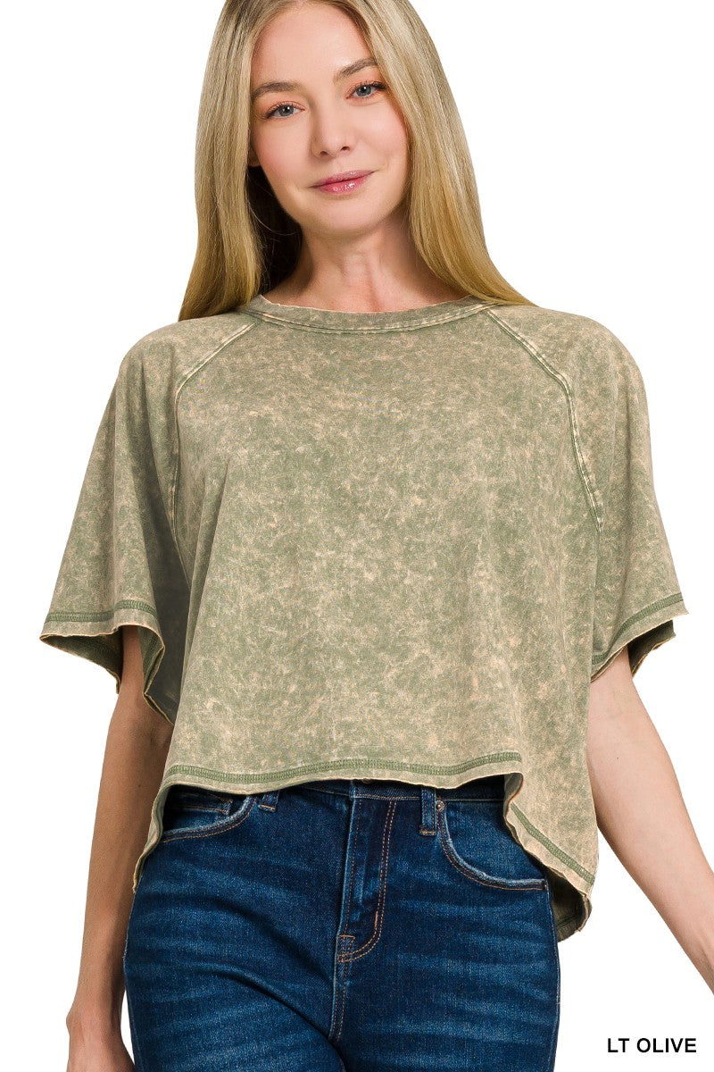 Acid Washed Round Neck Crop Tee