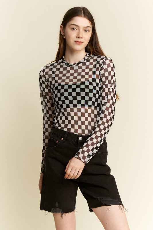 Checkered Mesh long sleeve Top
