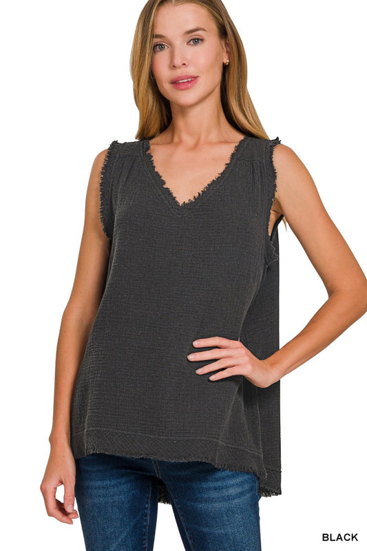 Double Gauze Raw Edge V-neck Tank Top
