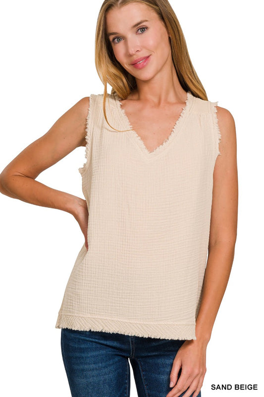 Double Gauze Raw Edge V-neck Tank Top