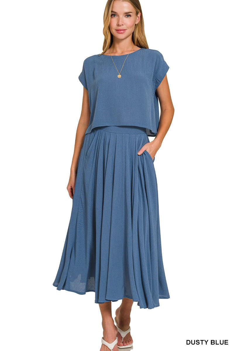 Woven Crinkle Gauze Crop Tee & Skirt Set