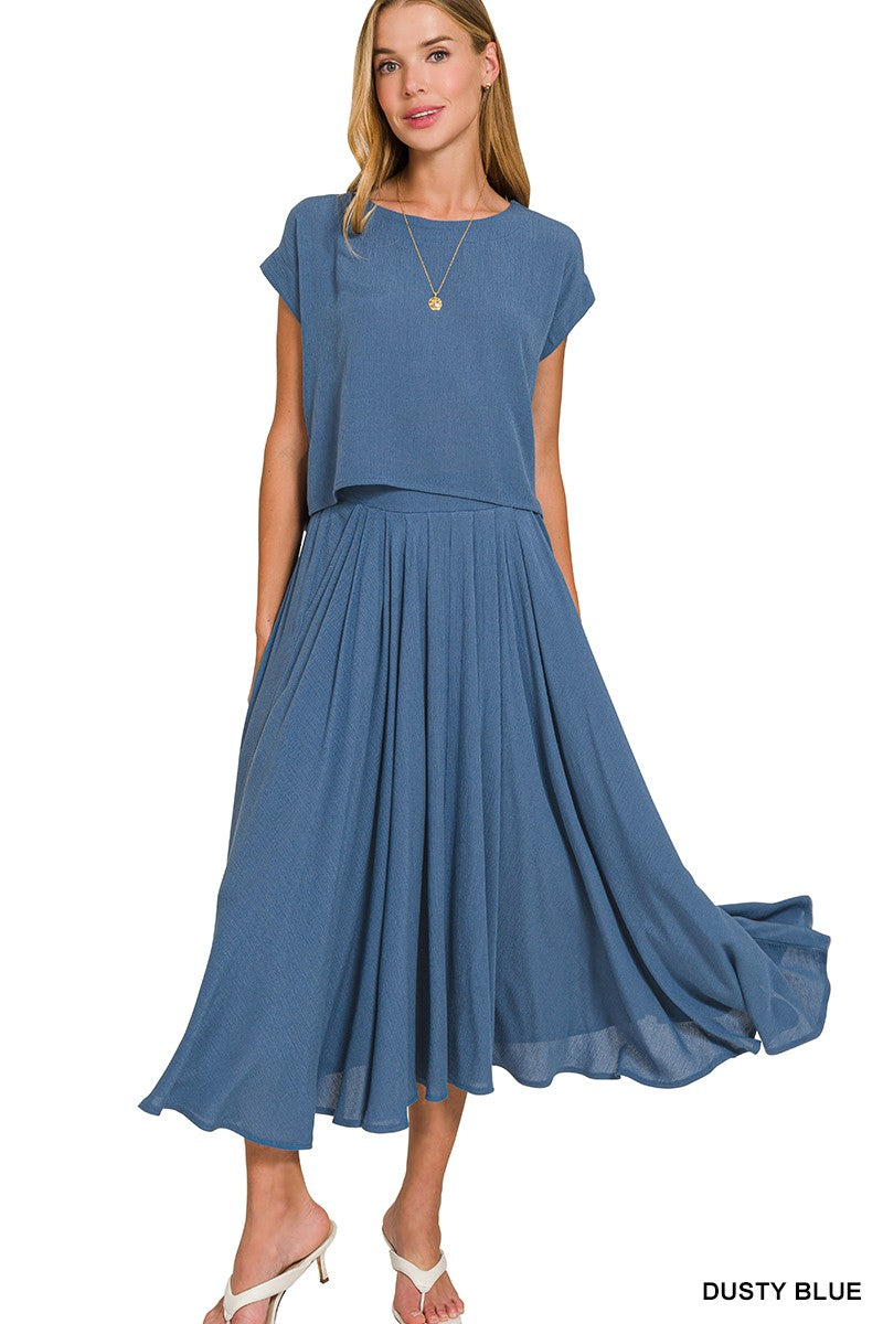 Woven Crinkle Gauze Crop Tee & Skirt Set