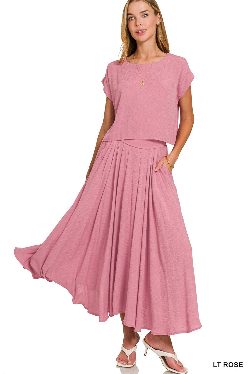 Woven Crinkle Gauze Crop Tee & Skirt Set