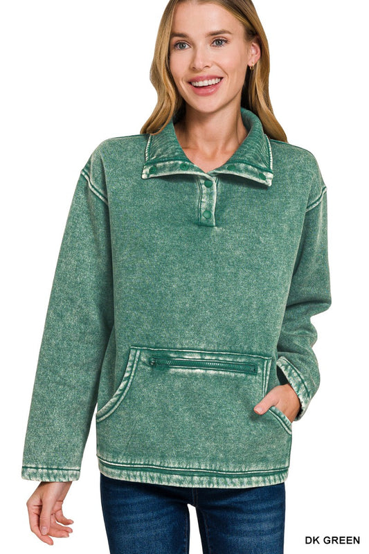 Fleece Washed High Neck Kangaroo Pocket Pullover