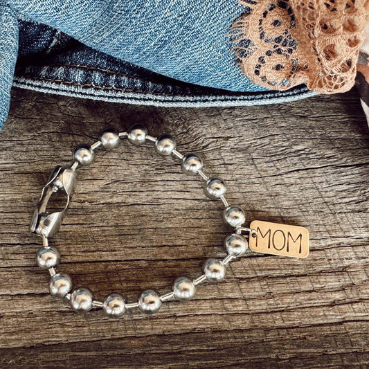 Hand Stamped MOM Brass Tag Bracelet: 7