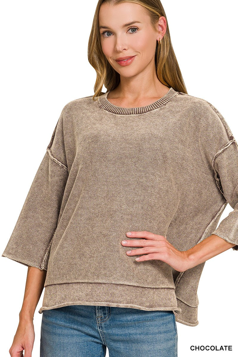 Washed 3/4 Sleeve Boxy Sweater