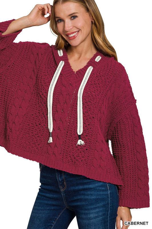 Cable Drawstring Hooded Sweater