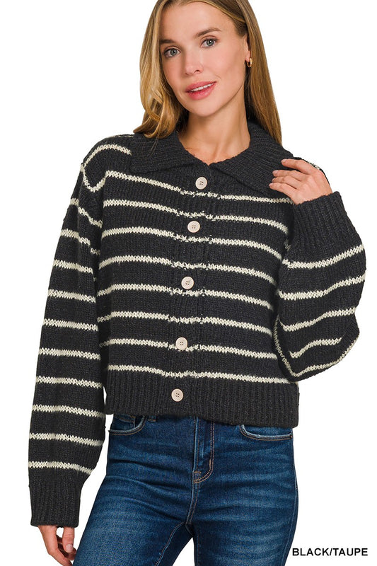 Striped Collared 5 Button Cardigan