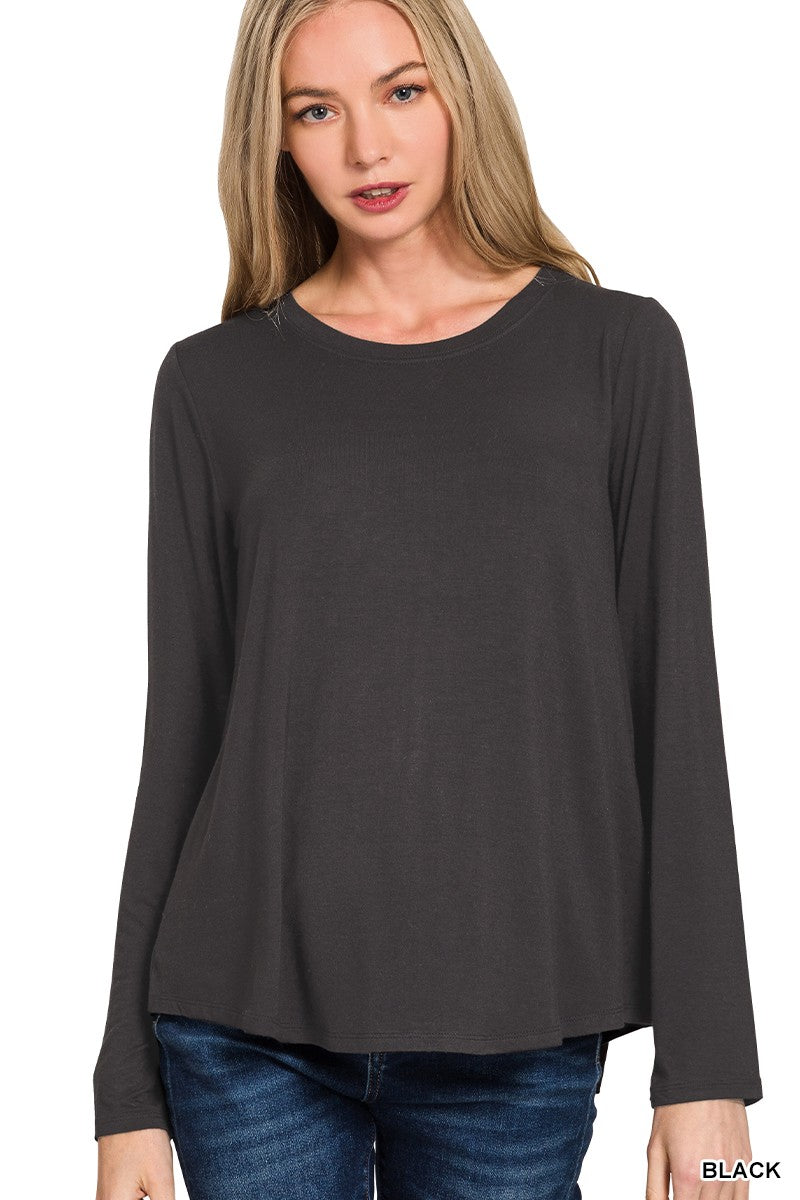 Flowy Round Hem Rayon Long Sleeve Top