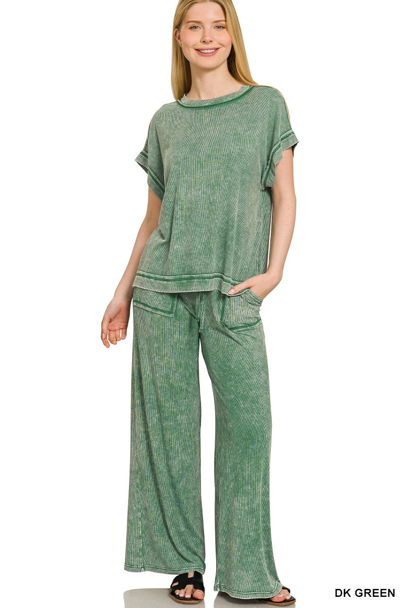 Ribbed Acid Wash Rayon Top & Pants Set