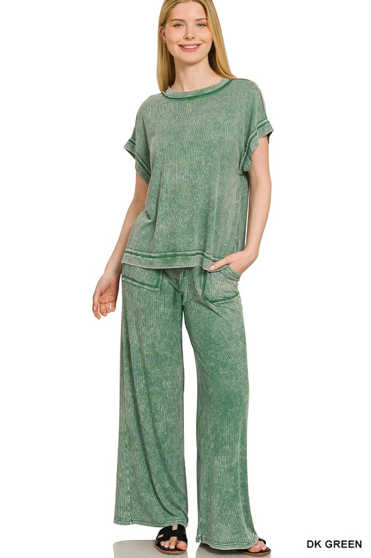 Ribbed Acid Wash Rayon Top & Pants Set