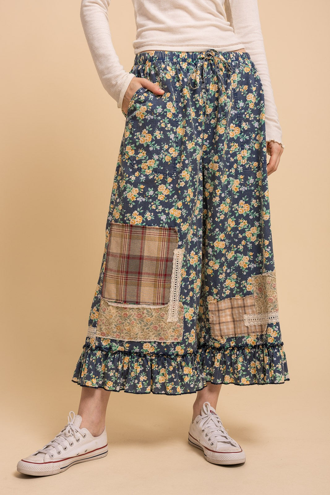 Floral Print Patchwork Wideleg Bloomer Pants