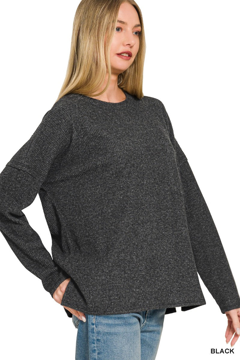 Ribbed Brushed Melange Hacci Sweater With A Pocket  HT-2243Y
