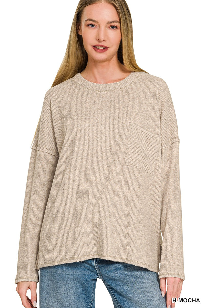 Ribbed Brushed Melange Hacci Sweater With A Pocket  HT-2243Y