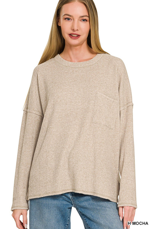 Ribbed Brushed Melange Hacci Sweater With A Pocket  HT-2243Y