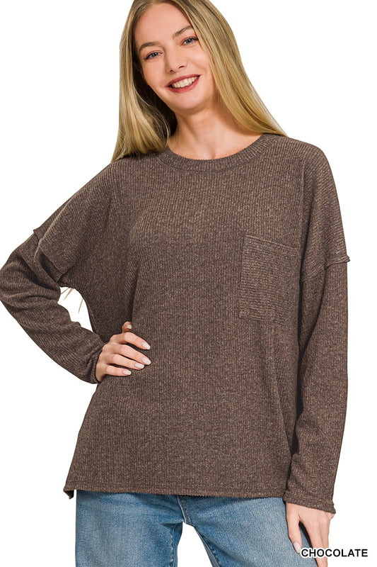 Ribbed Brushed Melange Hacci Sweater With A Pocket  HT-2243Y
