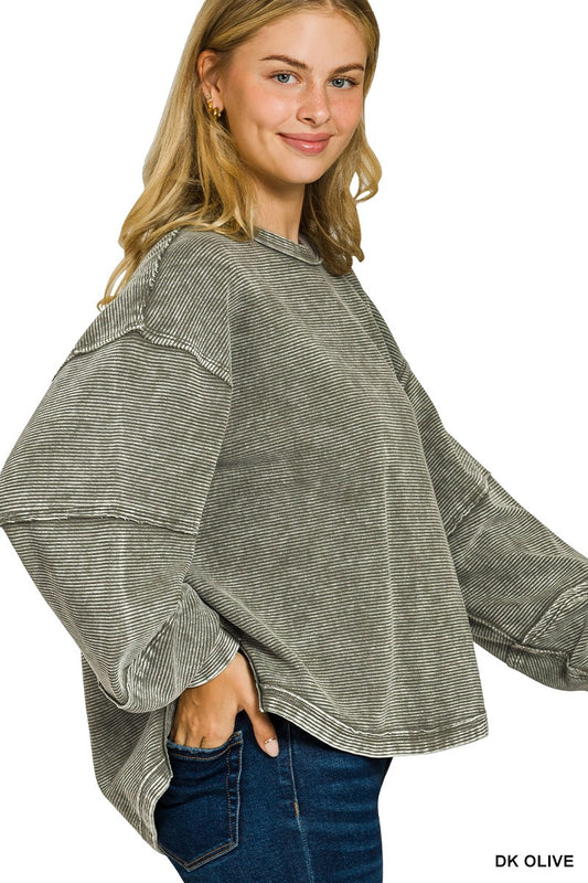 Acid Washed Double Ribbed Exposed-seam Pullover