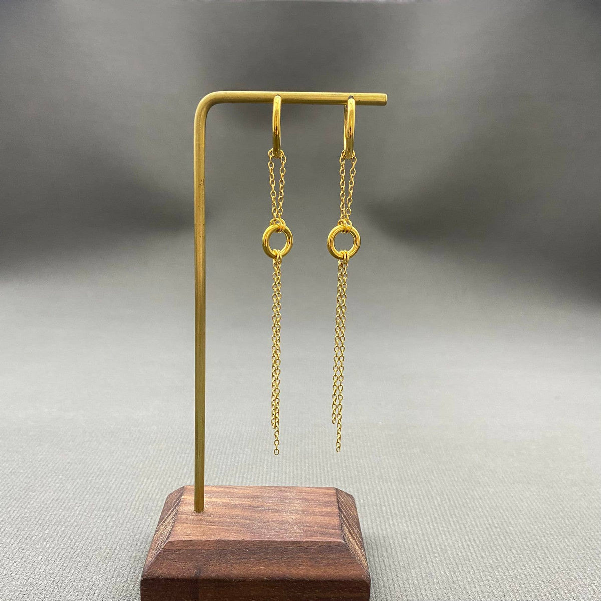 18K Golden Chain Fringe SS Double Loop Huggie Earrings - FGS: Golden + Steel color