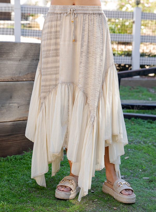 Boho Mixed Panel Drawstring Handkerchief Skirt