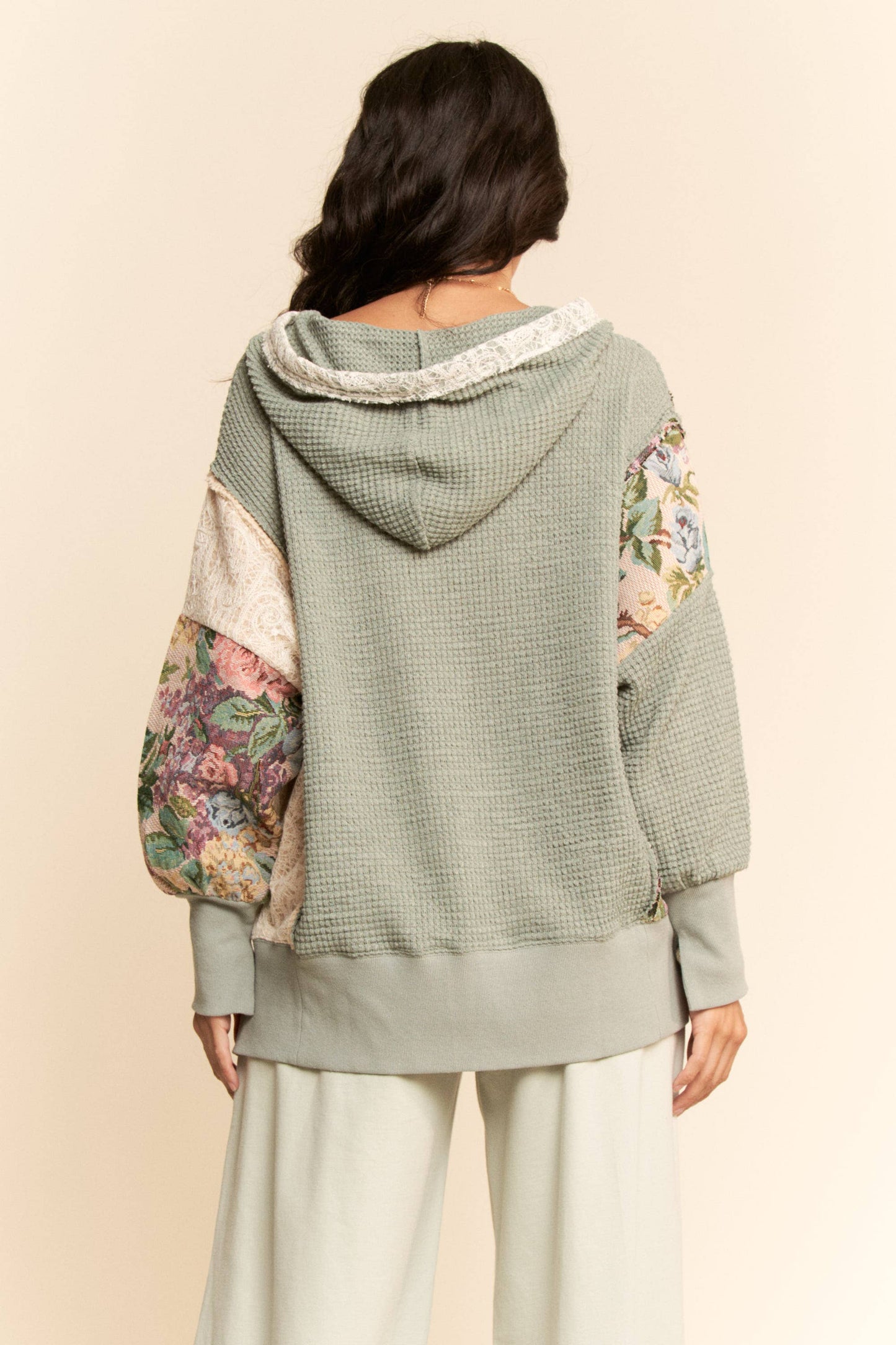 SOFT WAFFLE KNIT FLOWER PATCHWORK HOODIE TOP