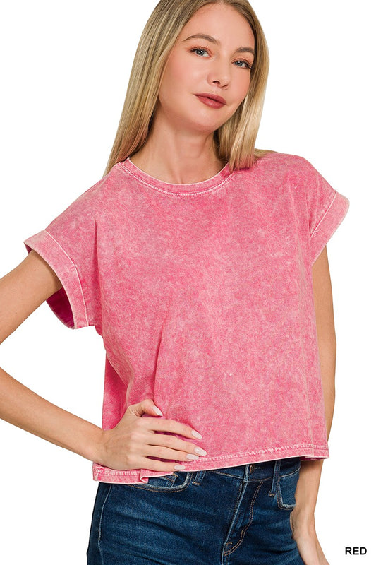 Halo Washed Cotton Cuffed Short Sleeve Top