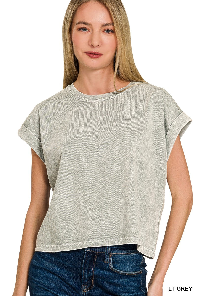Halo Washed Cotton Cuffed Short Sleeve Top