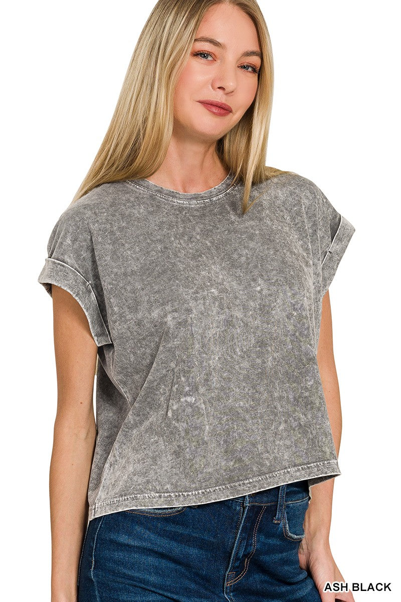 Halo Washed Cotton Cuffed Short Sleeve Top