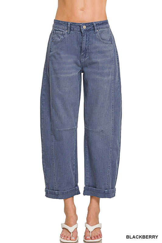 Barrel-leg Cropped Color Denim Pants