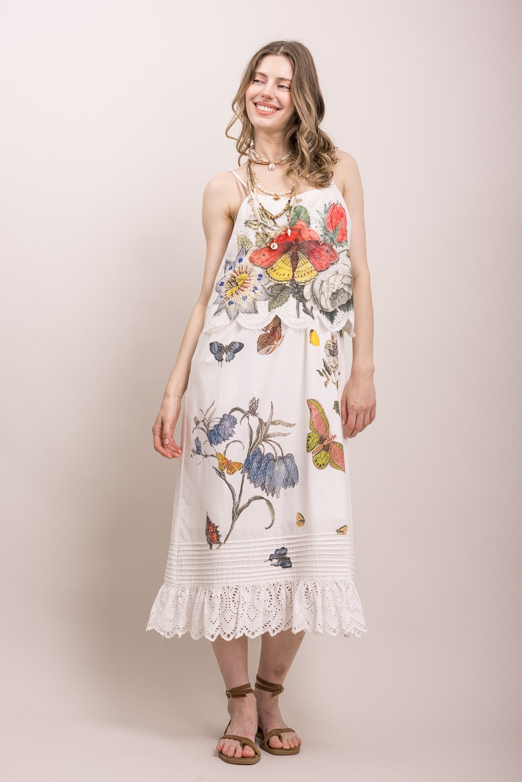 Butterfly Flower Print Eyelet Tank Dress