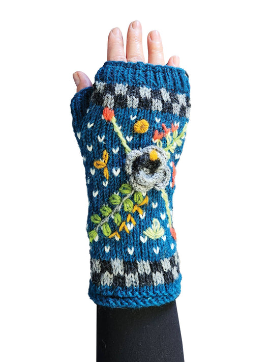 Handmade Knit Fingerless Floral Gloves: Assorted Colors / Outer: 100% Wool Lining: 100% Polyester Fleece / O/S