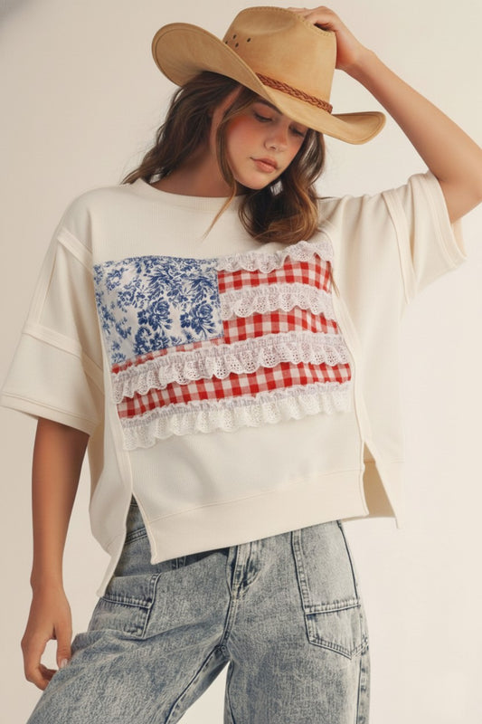 4th Of July Lace Trim Patch Pullover Sweatshirt