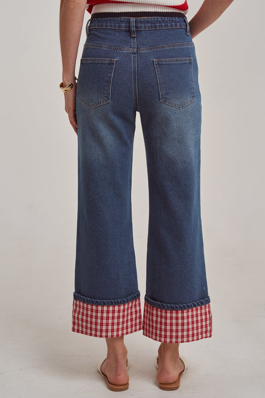 Red Plaid Cuff Jeans