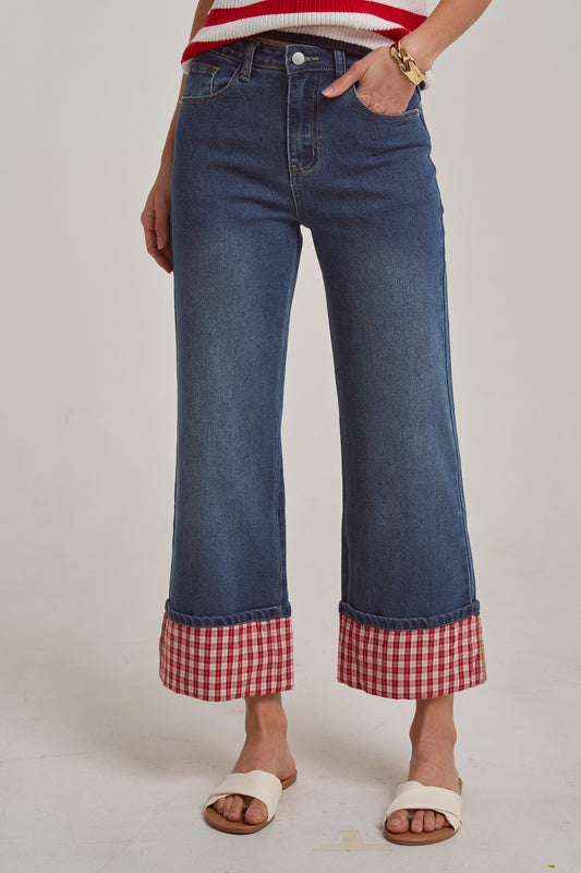 Red Plaid Cuff Jeans