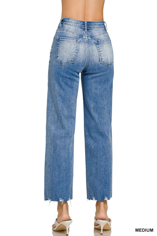 Wide-leg Raw Hem Cropped Denim Pants