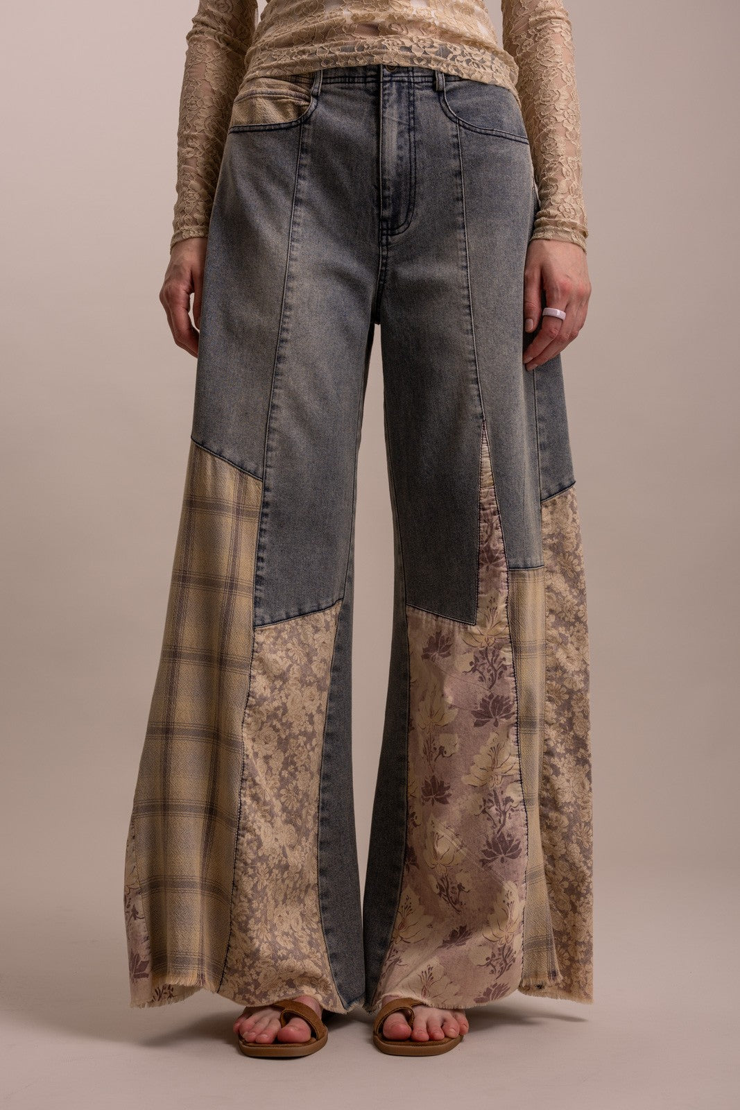 Patchwork Denim Wide Leg Pants