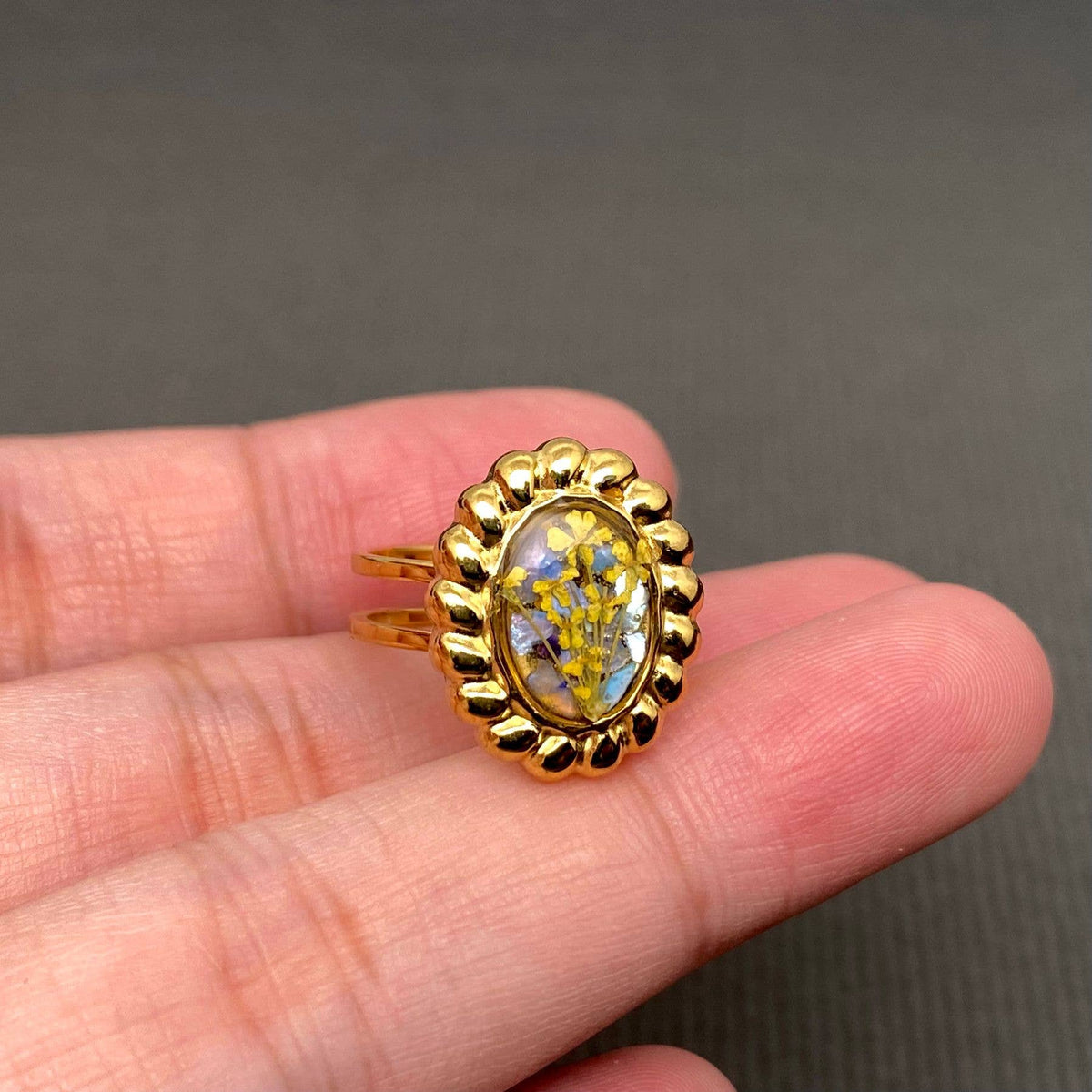 Dried flowers 18K Golden SS Adjustable Floral Rings- PDF/FGS: A