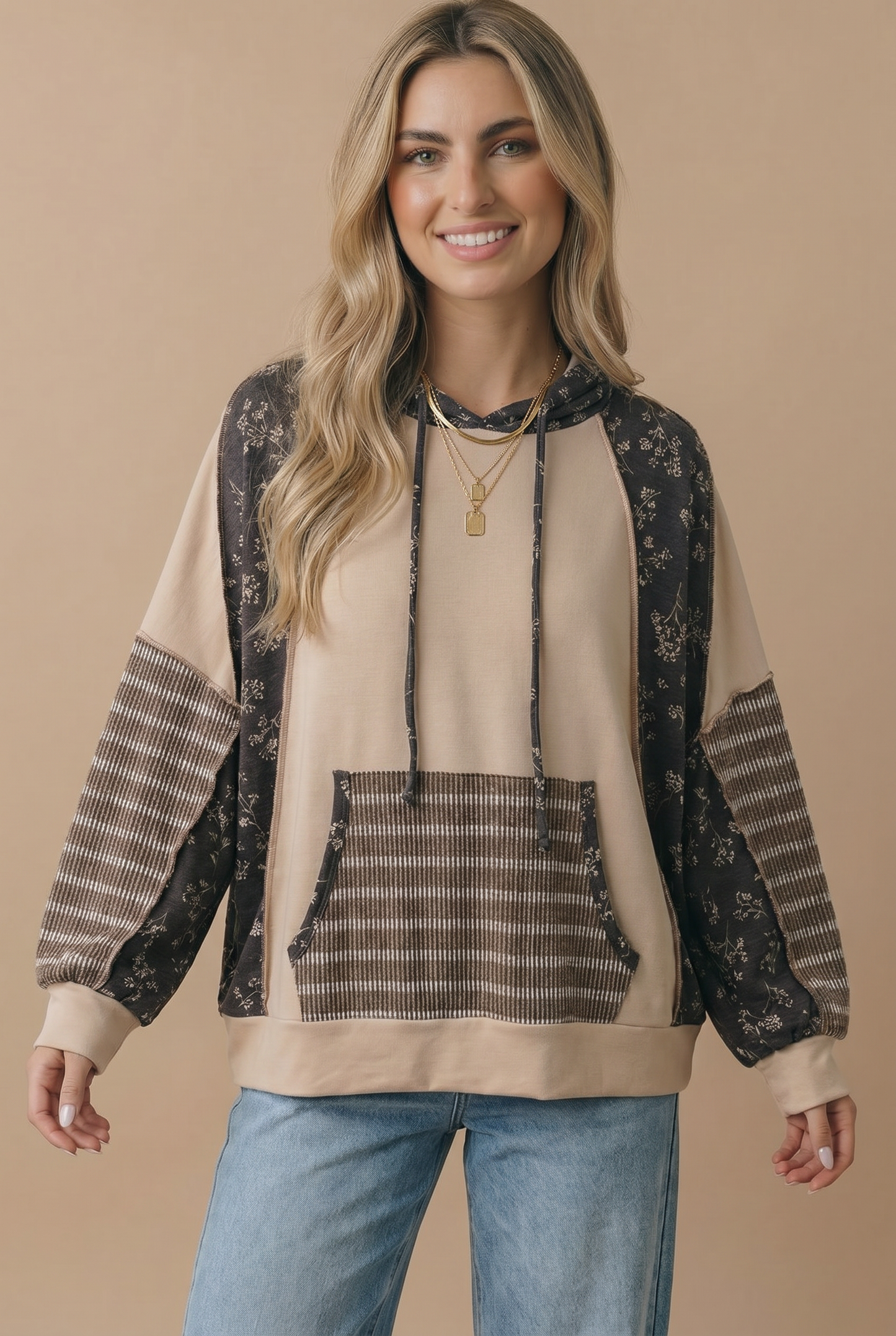 Long Sleeve Oversized Kangaroo Pocket Hoodie: TAUPE/CHARCOAL / L