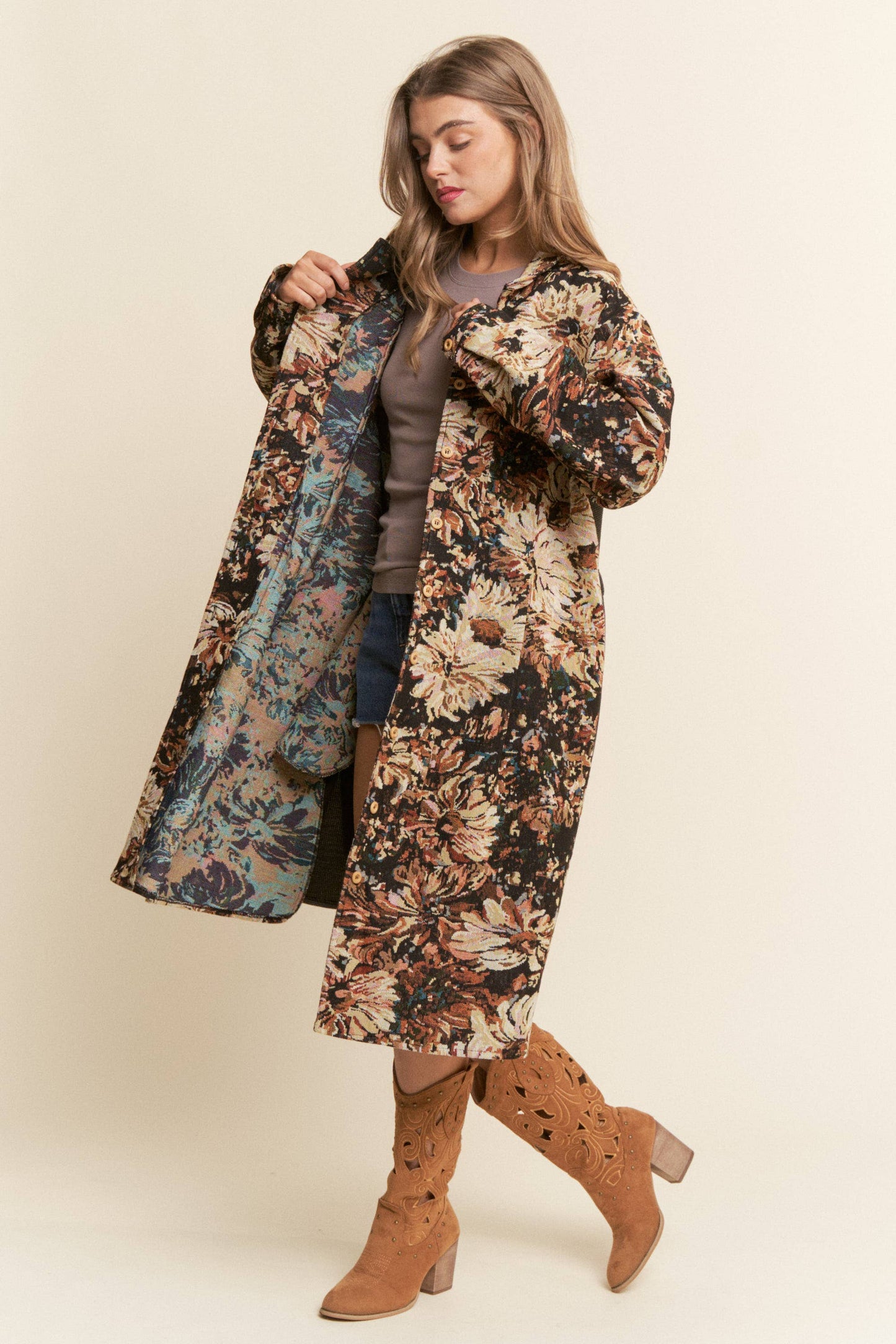 Floral Print Knit Button Down Coat