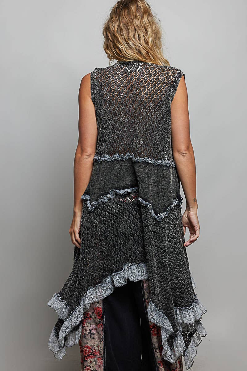 Solid Ruffle Vintage Washed Crochet Vest