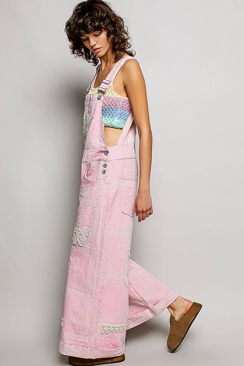 Floral Crochet Pearl Patch Roomy Fit Twill Overalls: FLORAL MULTI / M