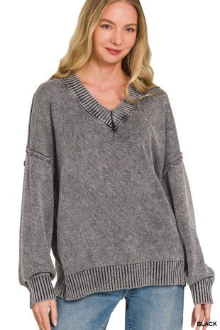 Washed Deep V-neck Oversized Sweater