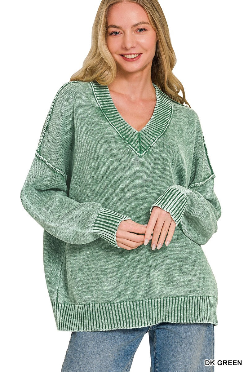 Washed Deep V-neck Oversized Sweater